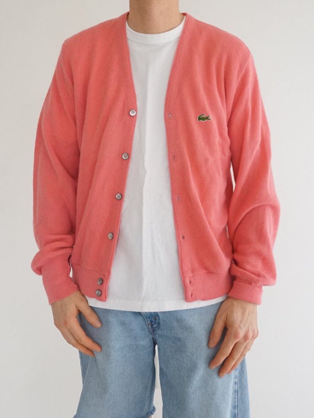 Vintage Izod Lacoste Pink Solid Logo Button Front Knit Cardigan Long Sleeve M